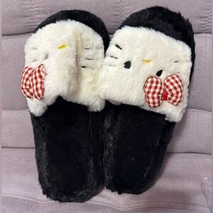 Cute Black and White Furry Slippers with Red Bow